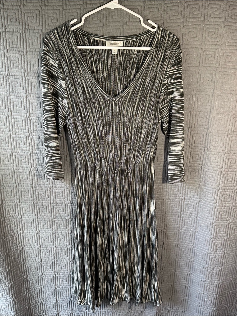 Dressbarn Black White Marled Knit Fit Flare Sweater Dress XL V-Neck 3/4 Sleeve